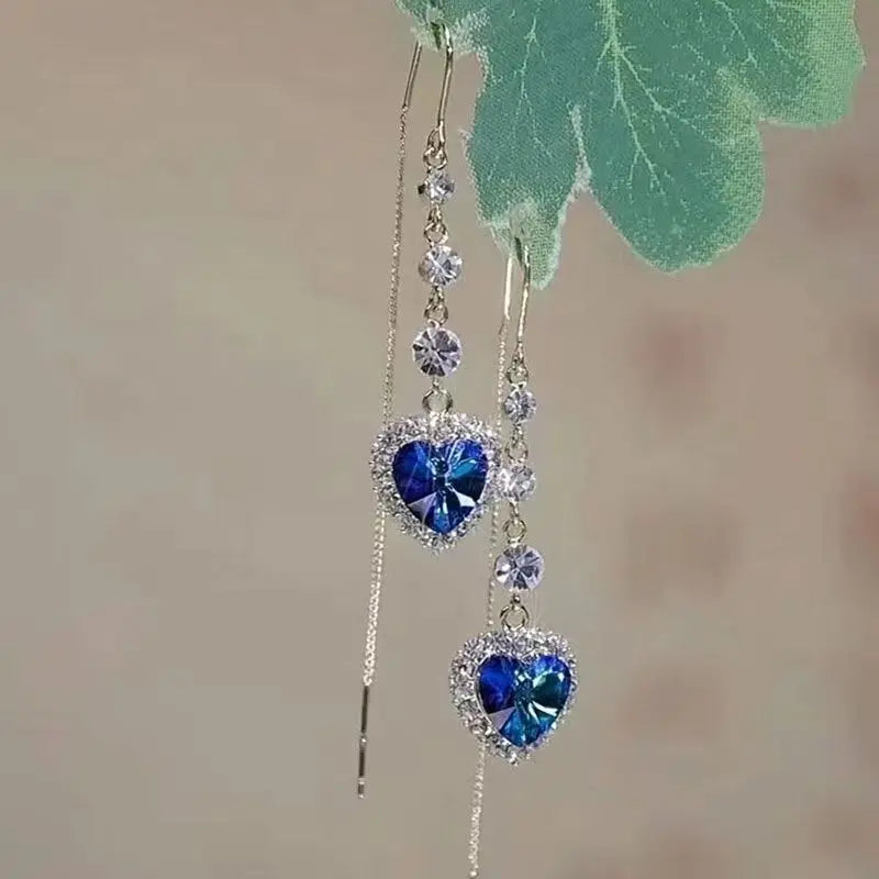 Exquisite Blue Heart Shaped Zircon Earrings for Women Luxury Long Tassel Ear Line Dangle Earring Ladies Wedding Party Jewelry