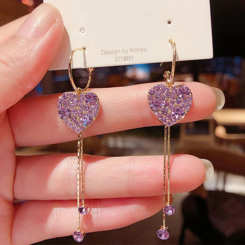 Exquisite Blue Heart Shaped Zircon Earrings for Women Luxury Long Tassel Ear Line Dangle Earring Ladies Wedding Party Jewelry