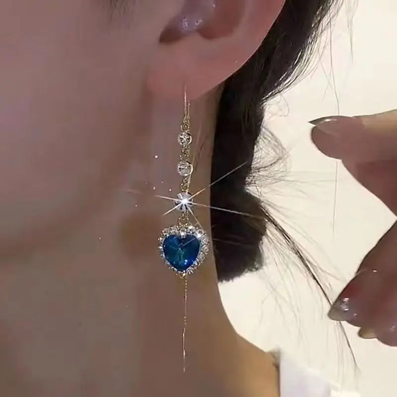 Exquisite Blue Heart Shaped Zircon Earrings for Women Luxury Long Tassel Ear Line Dangle Earring Ladies Wedding Party Jewelry